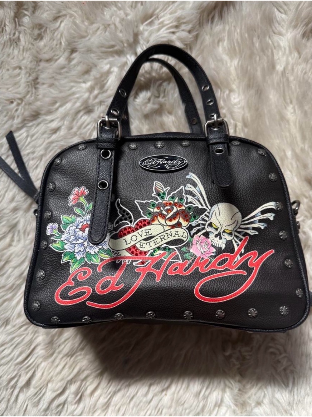 Ed Hardy Black Satchel with Colorful Tattoo Art